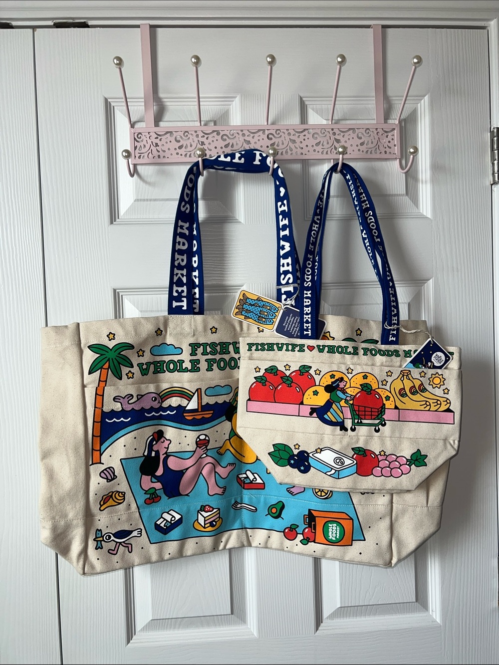 Whole Foods Fishwife Canvas Tote Bag Set - Beach & Produce Print, Blue Straps